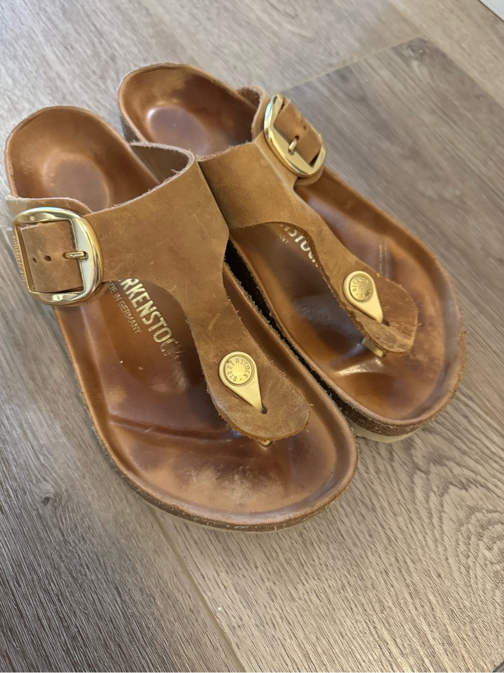 Birkenstock Tan Suede Gizeh Sandals with Gold Hardware